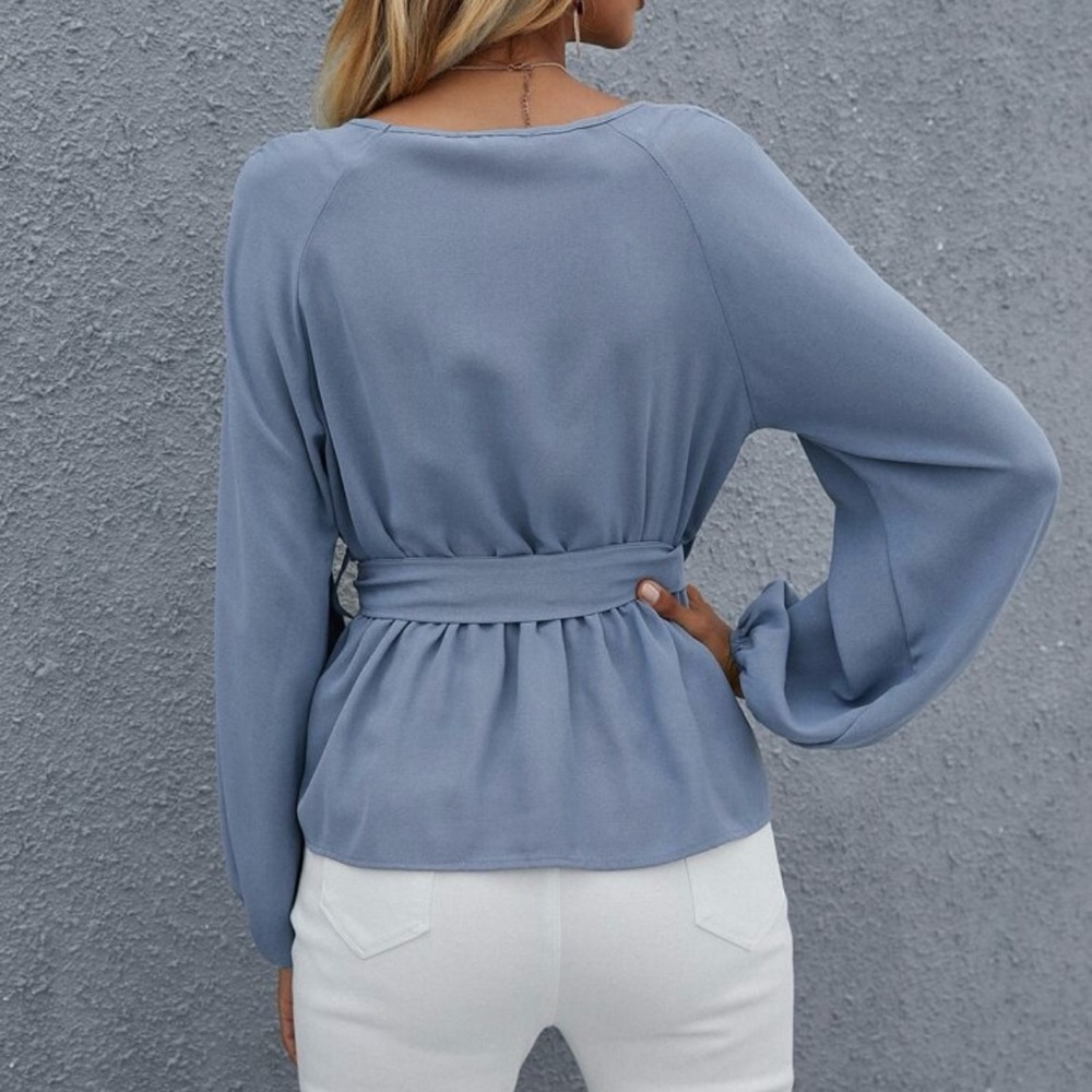 V-Neck Tie-Waist Women's Top in Dusty Blue - Picture 2 of 7